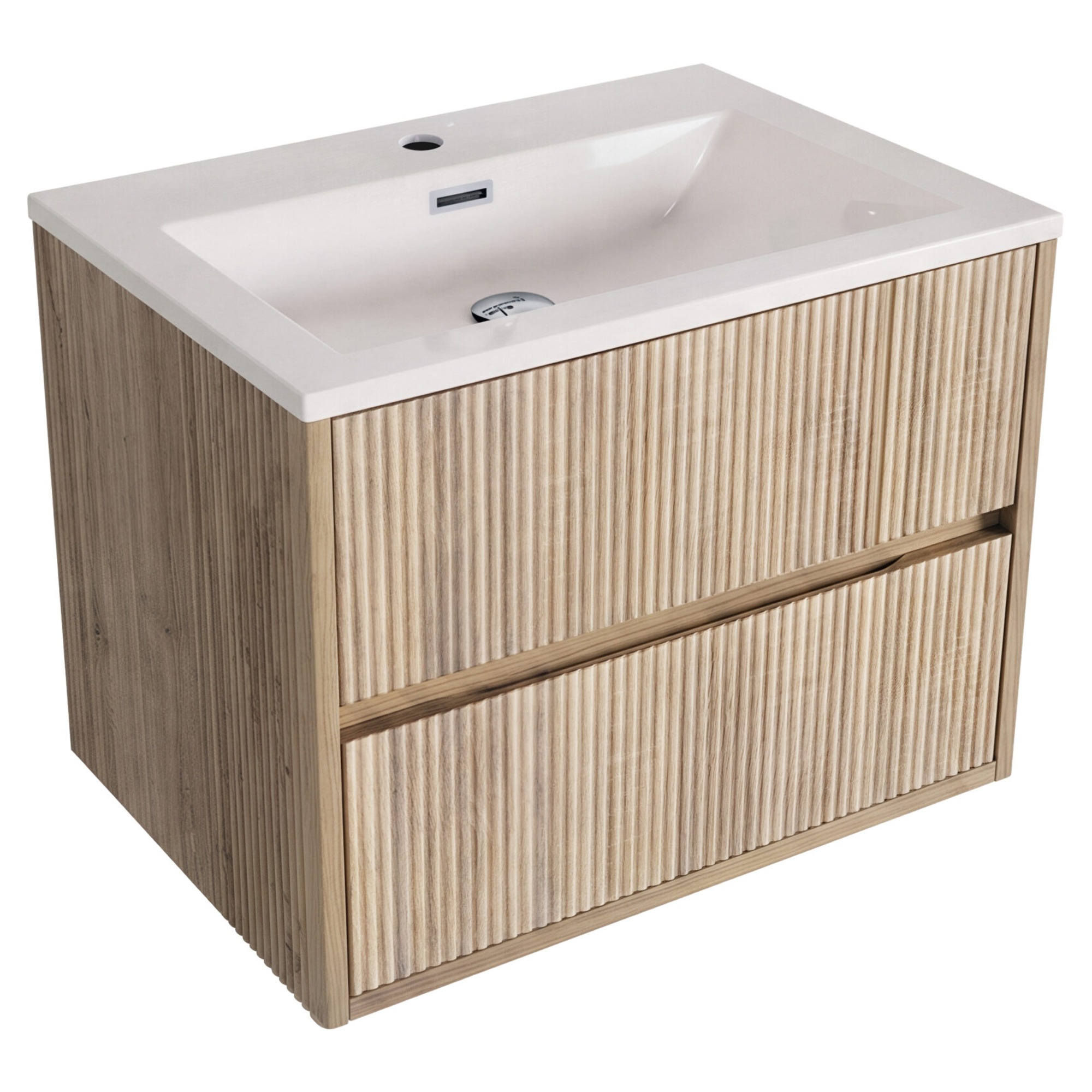 Fluted Square 600 Wall Hung Vanity Unit & Basin Oak - 2 Drawer Slotted Basin
